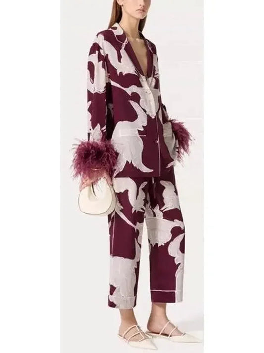 Red Crepe De Chine Metamorphos Gryphon Allover Silk Pants - Jeans & Pants