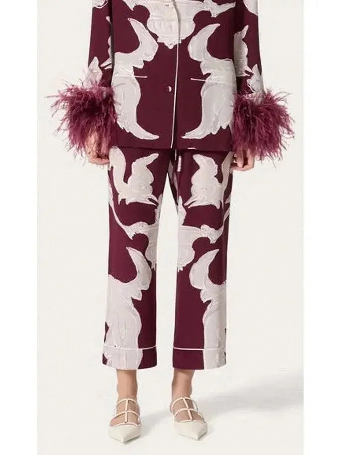Red Crepe De Chine Metamorphos Gryphon Allover Silk Pants - Jeans & Pants
