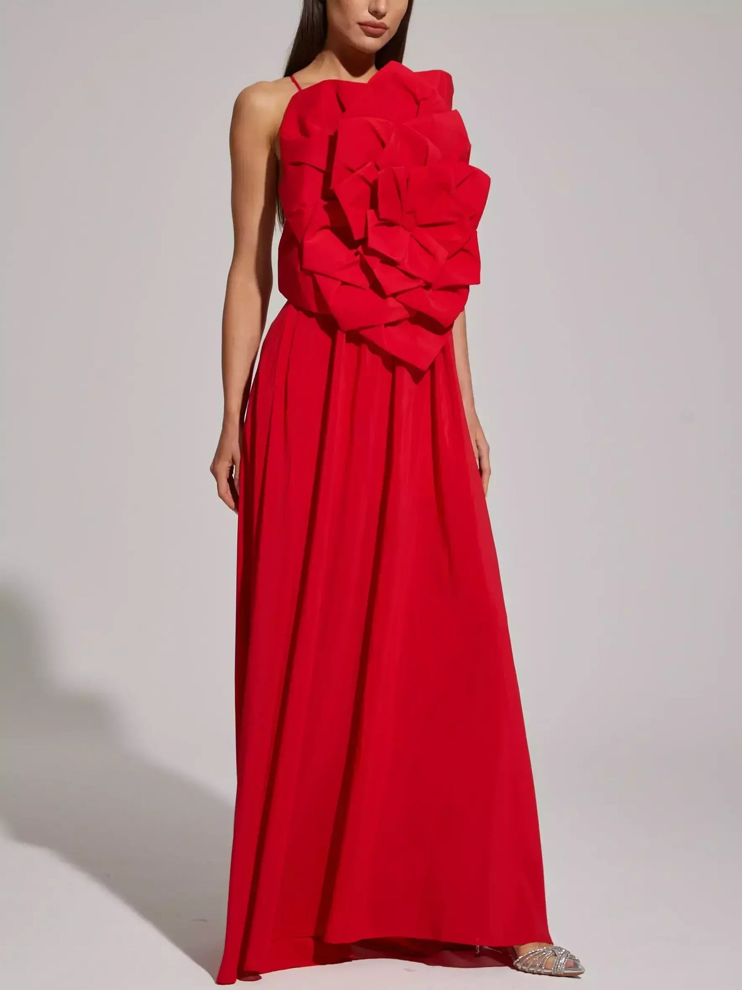 Red Floral Applique Sleeveless Gown - Dresses