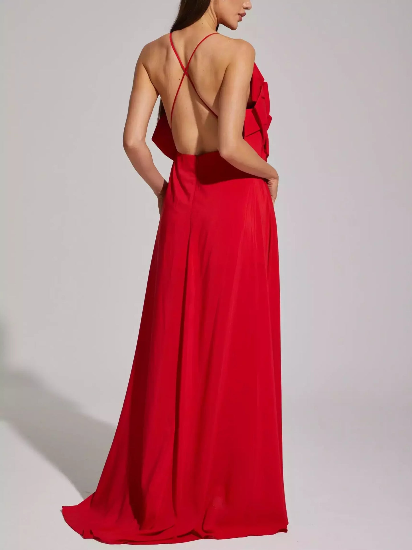 Red Floral Applique Sleeveless Gown - Dresses