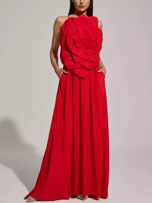 Red Floral Applique Sleeveless Gown - Dresses