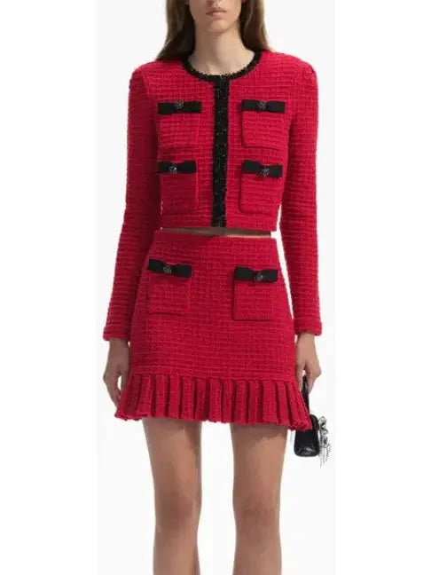 Red Knit Cardigan and Skirt Set with Black Embellished Trim - Suits & Sets