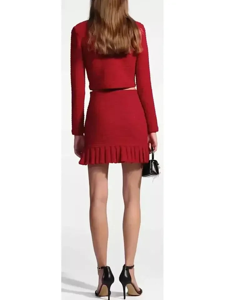 Red Knit Cardigan and Skirt Set with Black Embellished Trim - Suits & Sets