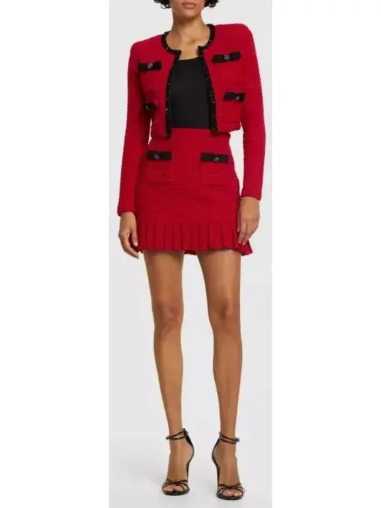 Red Knit Cardigan and Skirt Set with Black Embellished Trim - Suits & Sets