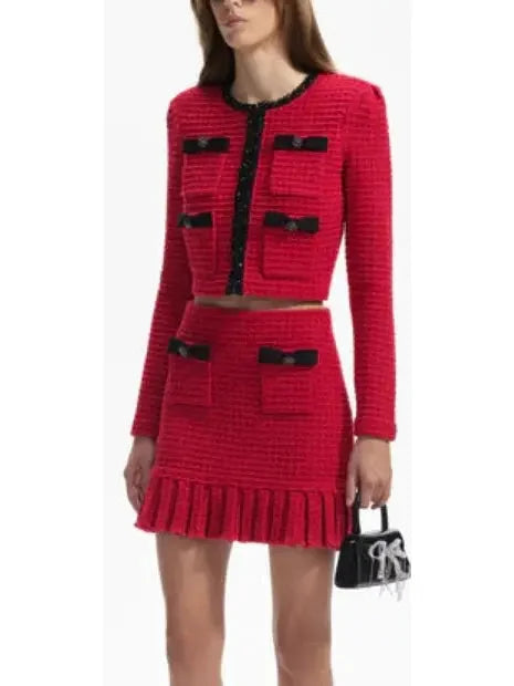 Red Knit Cardigan and Skirt Set with Black Embellished Trim - Suits & Sets