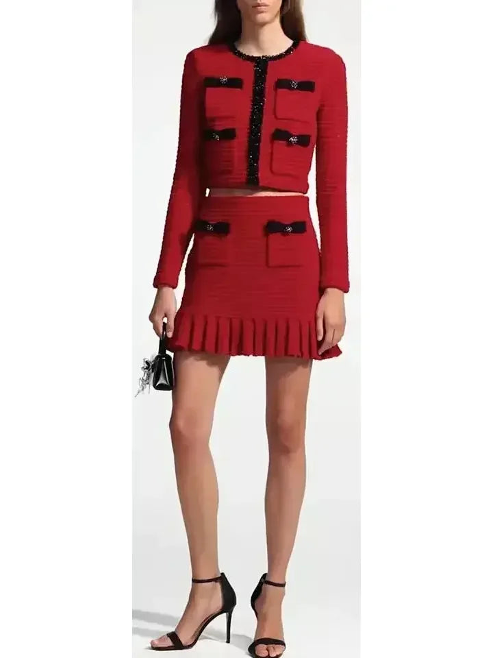 Red Knit Cardigan and Skirt Set with Black Embellished Trim - Suits & Sets