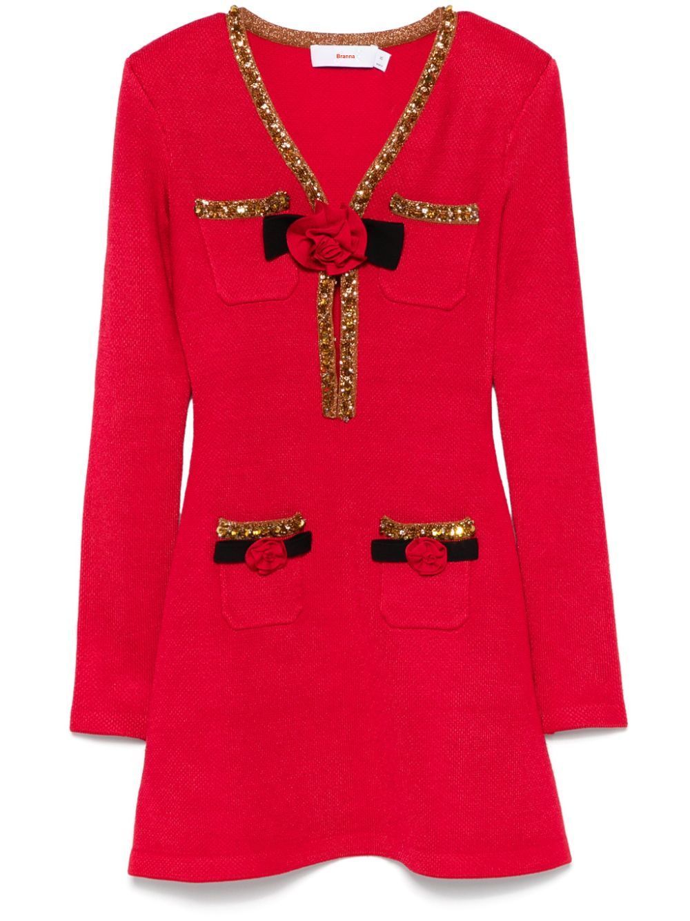 Red Knit Corsage and Gold Sequin-Embellished Mini Dress with long sleeves