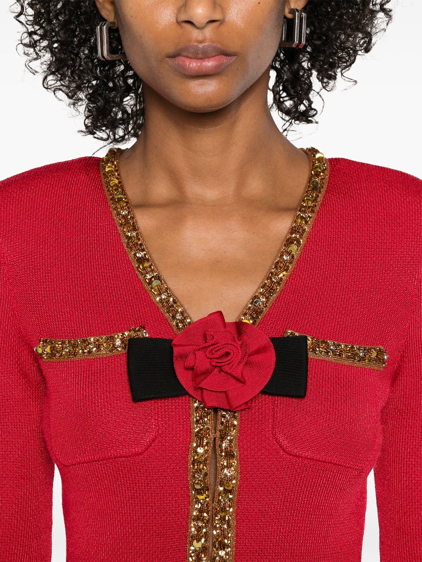 Red Knit Corsage and Gold Sequin-Embellished Mini Dress for trendy fashion