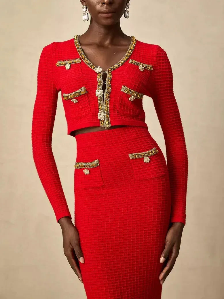 Red Knit Cropped Cardigan and Skirt Set with Gold Embellished Trim - Suits & Sets