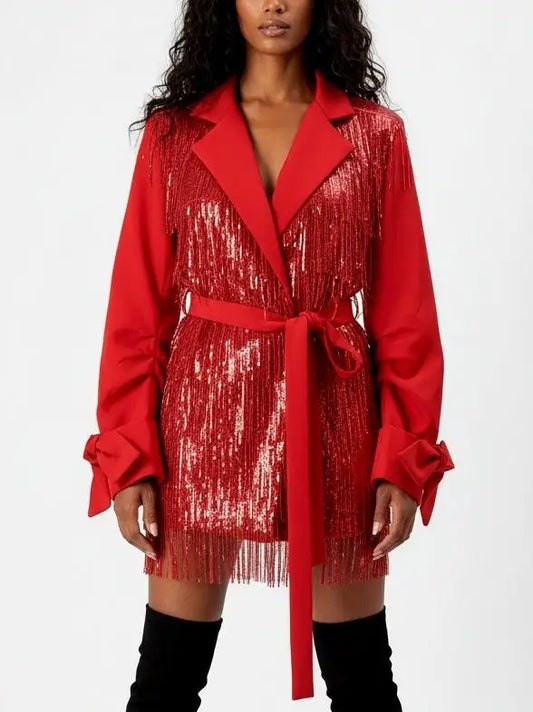 Red Sequin Fringe Belted Jacket - Jackets