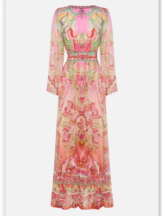 Retro Pink Plunge-V-Neck Gown with Shaped Waistband - Dresses