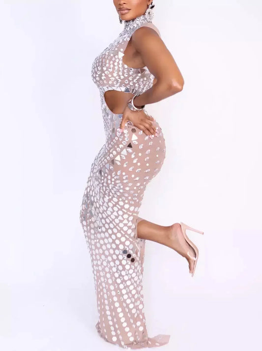 Rhinestone and Mirror Sequin Embellished Sheer Stretch Gown - Dresses