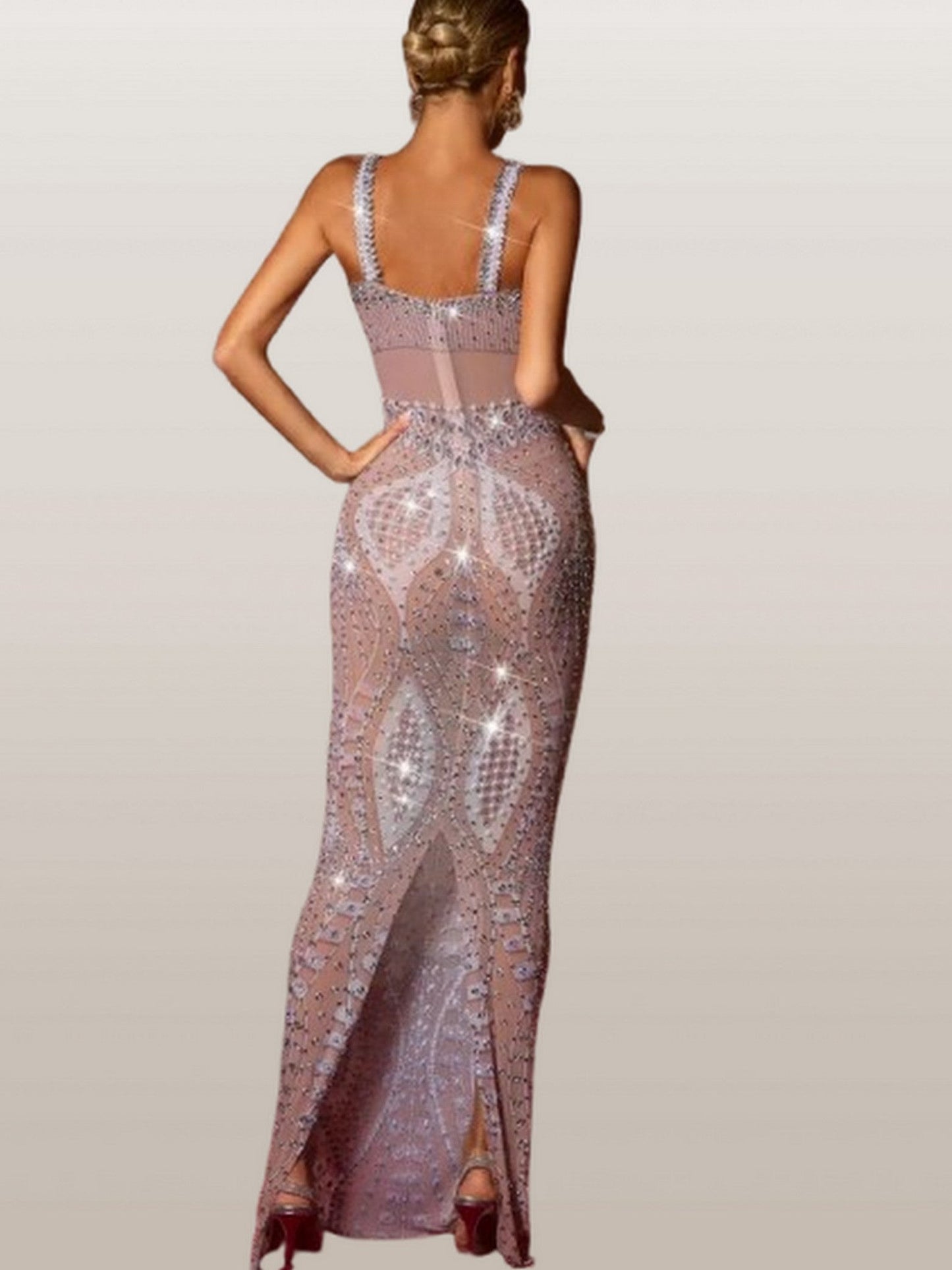 Rhinestone and Pearl-Embellished Stretch Gown - Dresses
