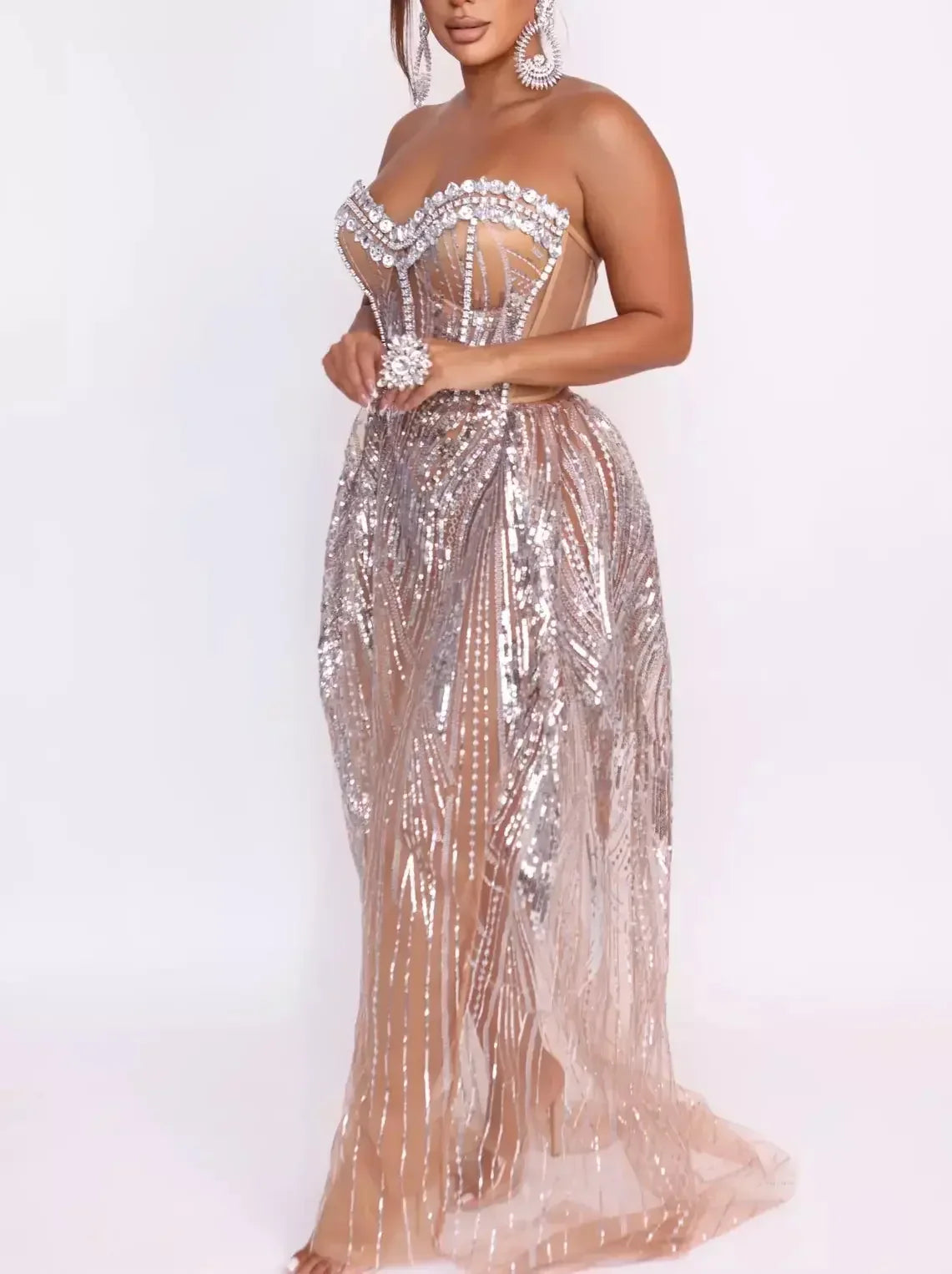 Rhinestone and Sequin Embellished Strapless Mesh Corset Dress - Dresses