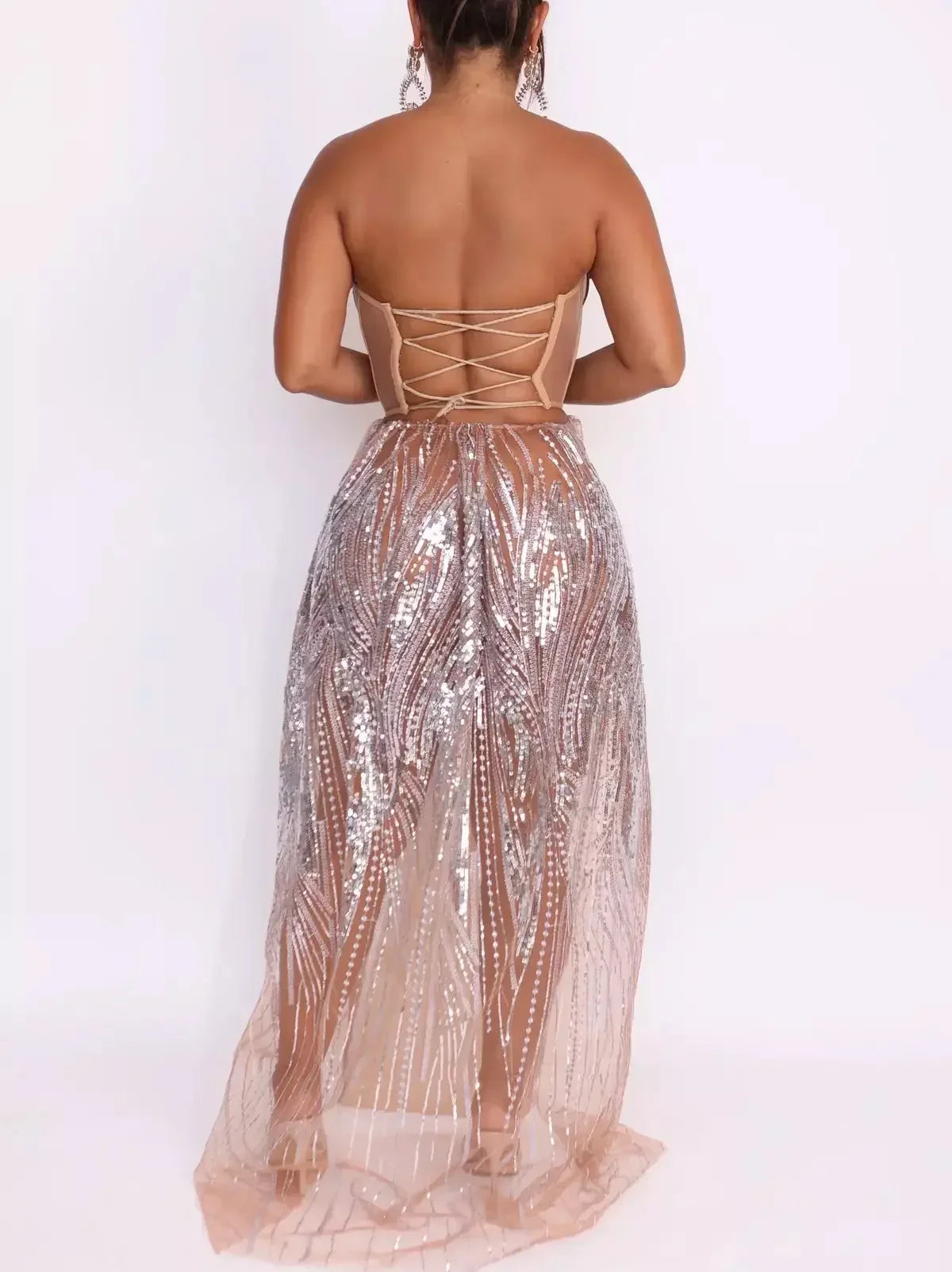Rhinestone and Sequin Embellished Strapless Mesh Corset Dress - Dresses