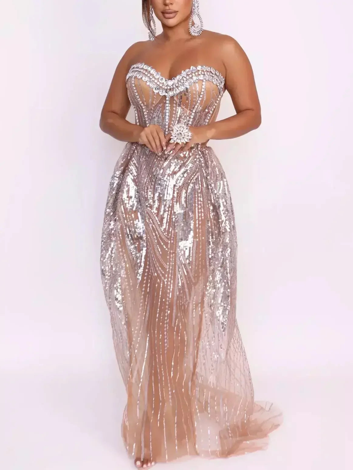 Rhinestone and Sequin Embellished Strapless Mesh Corset Dress - Dresses