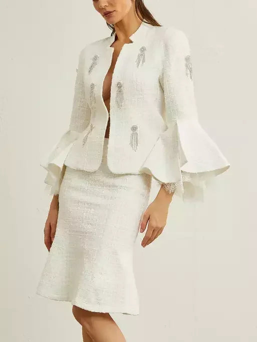 White embellished Rhinestone-Appliques Flared-Cuff Tweed Jacket and Skirt Set