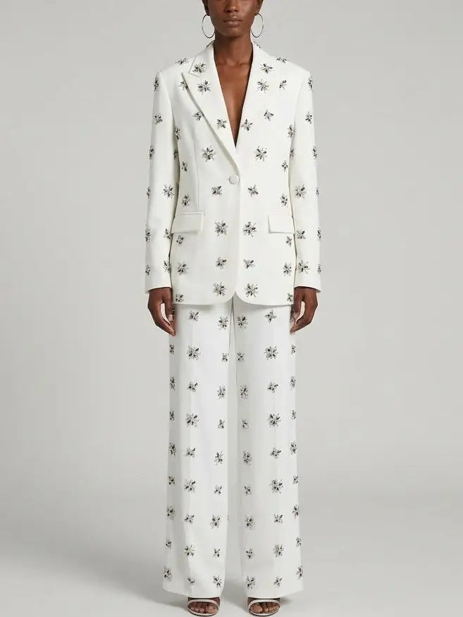 Rhinestone-Embellished Blazer and Wide-Leg Pants Suit in White - Suits & Sets