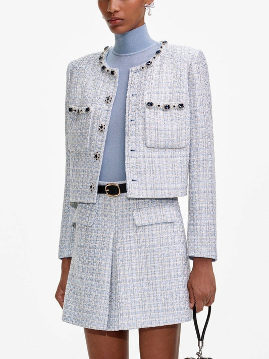 Rhinestone Embellished Blue Tweed Jacket - Jackets