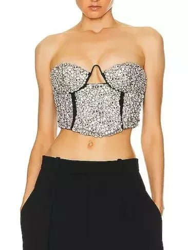 Rhinestone-Embellished Bustier Top and Skirt set - Suits & Sets