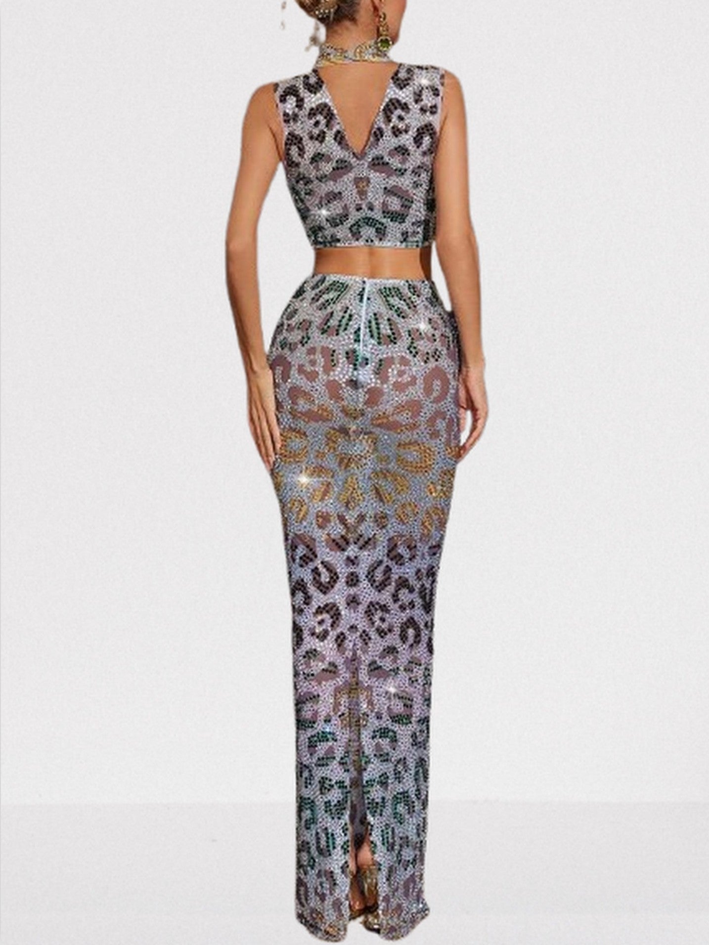 Rhinestone Embellished Crop Top and Maxi Skirt Set - Suits & Sets