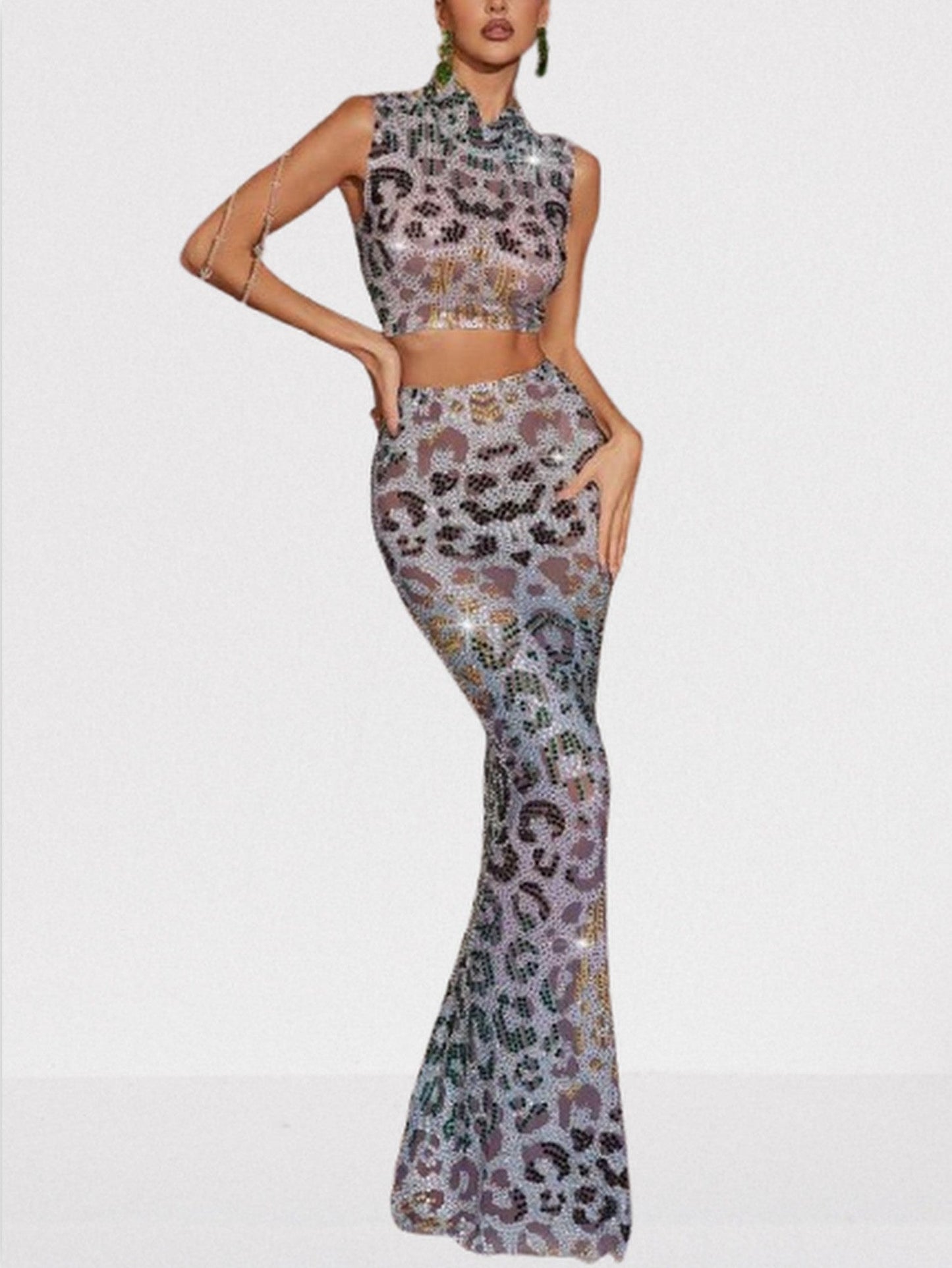 Rhinestone Embellished Crop Top and Maxi Skirt Set - Suits & Sets
