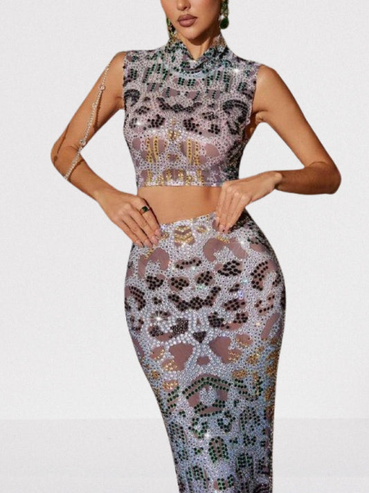 Rhinestone Embellished Crop Top and Maxi Skirt Set - Suits & Sets
