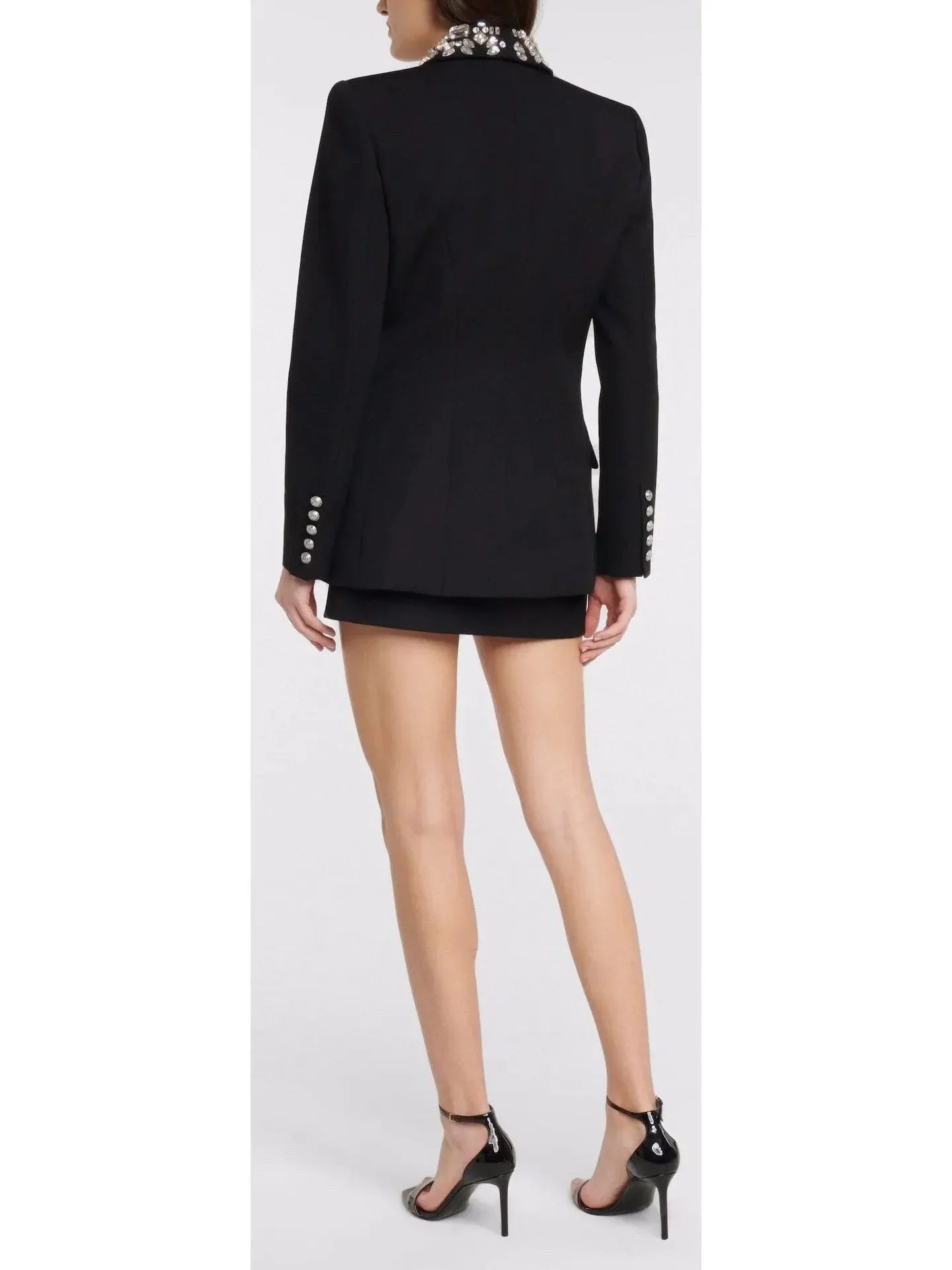 Rhinestone-Embellished Double-Breasted Wool Blazer - Jackets