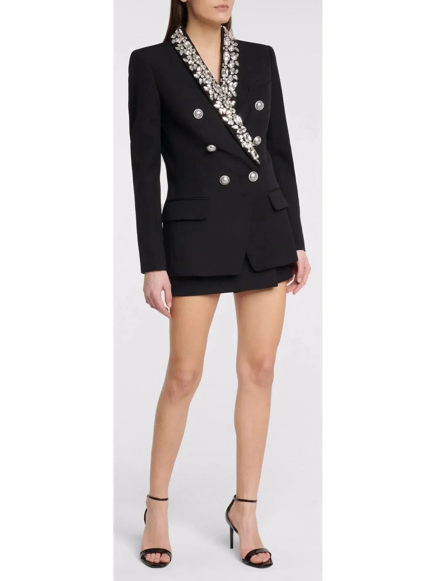 Rhinestone-Embellished Double-Breasted Wool Blazer - Jackets
