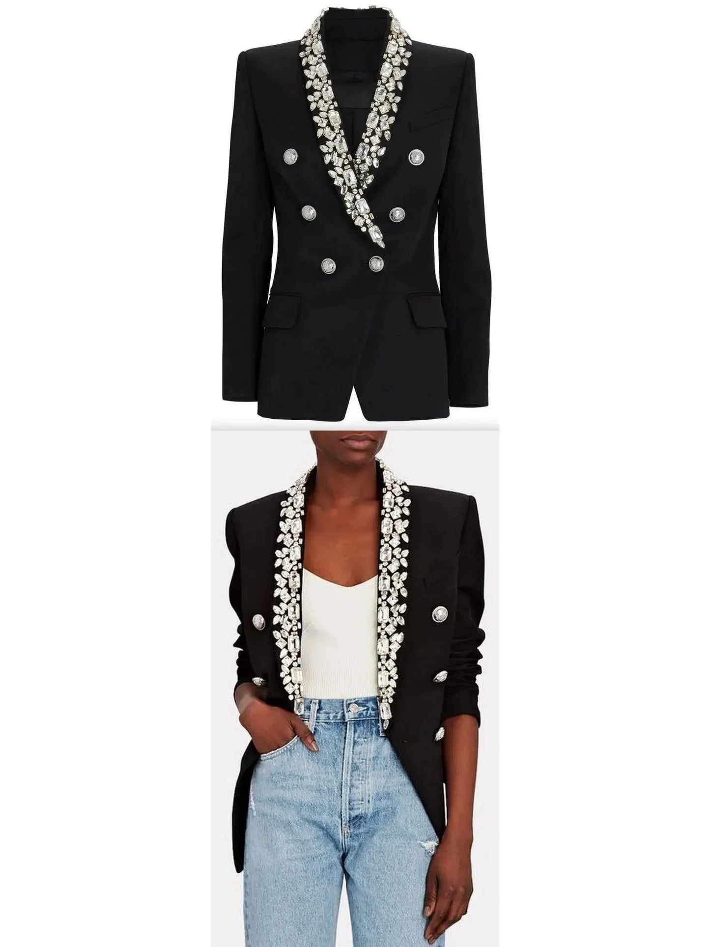 Rhinestone-Embellished Double-Breasted Wool Blazer - Jackets