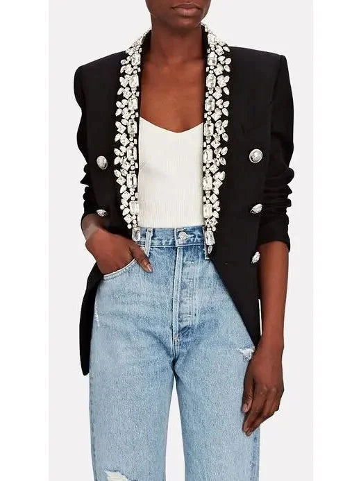 Rhinestone-Embellished Double-Breasted Wool Blazer - Jackets