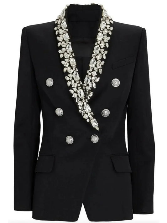 Rhinestone-Embellished Double-Breasted Wool Blazer - Jackets
