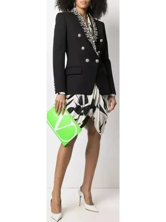 Rhinestone-Embellished Double-Breasted Wool Blazer - Jackets