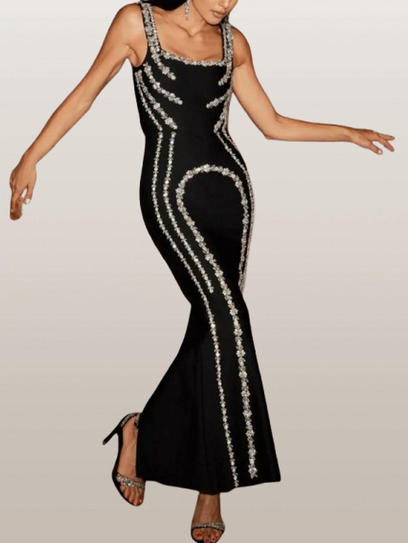 Rhinestone-Embellished Long Black Stretch Dress - Dresses