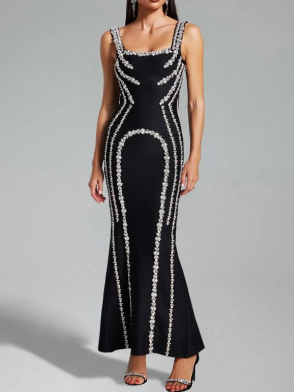 Rhinestone-Embellished Long Black Stretch Dress - Dresses