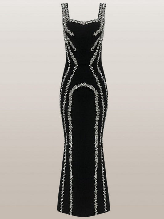 Rhinestone-Embellished Long Black Stretch Dress - Dresses