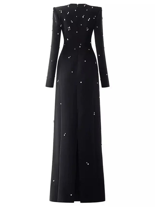 Rhinestone-Embellished Long-Sleeve Black Maxi Dress - Dresses