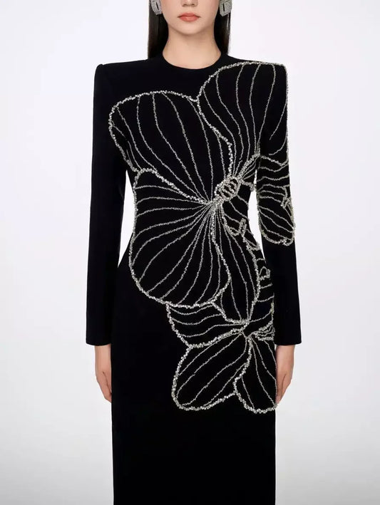 Rhinestone-Embellished Long-Sleeved Gown - Dresses