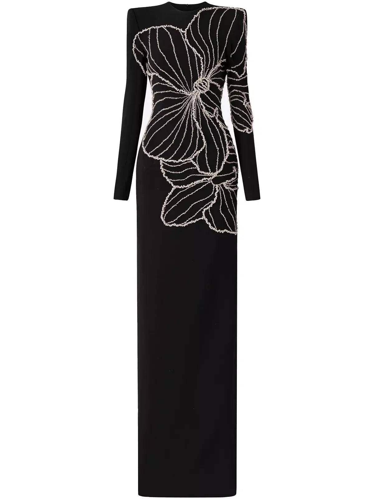 Rhinestone-Embellished Long-Sleeved Gown - S - Dresses