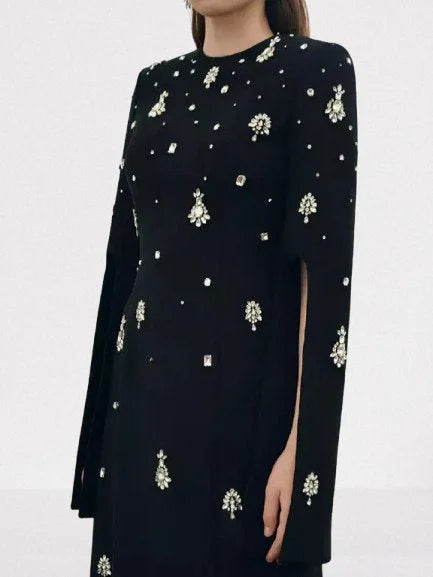 Rhinestone-Embellished Long Split-Sleeve Black Gown - Dresses