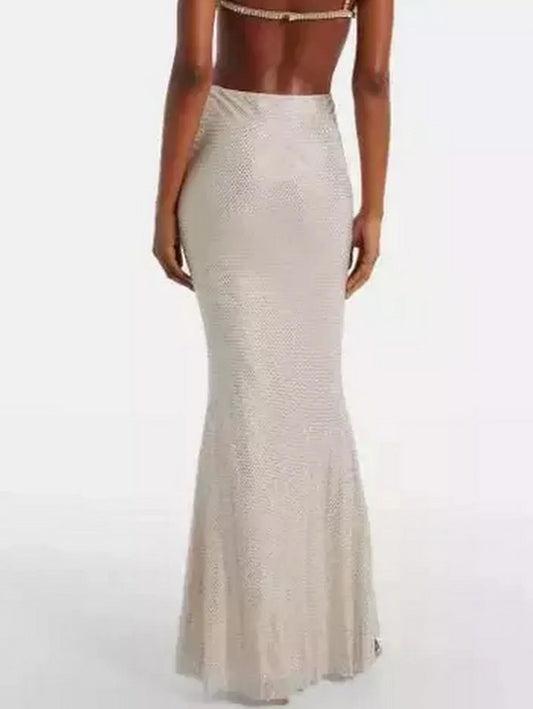 Beaded beige mermaid skirt featured in Rhinestone-Embellished Mesh Maxi Skirt collection