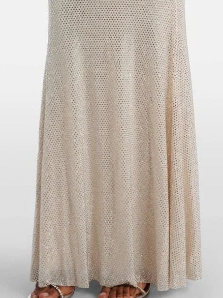 Beige Rhinestone-Embellished Mesh Maxi Skirt showcasing a stylish floor-length design