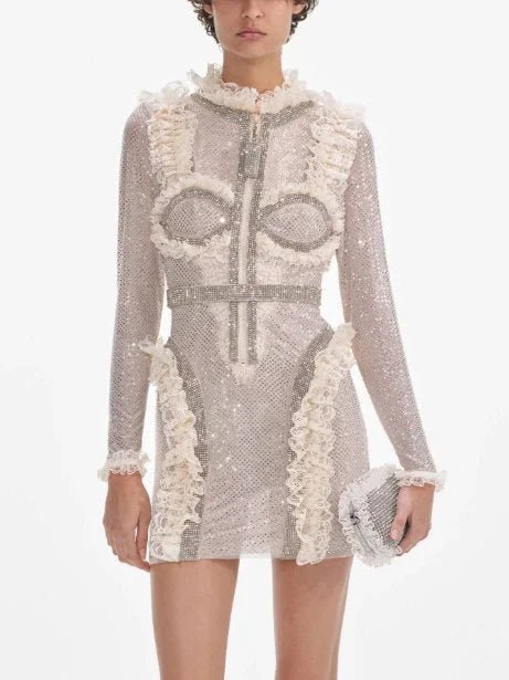 Rhinestone-Embellished Ruffled Mini Dress in Ivory - Dresses