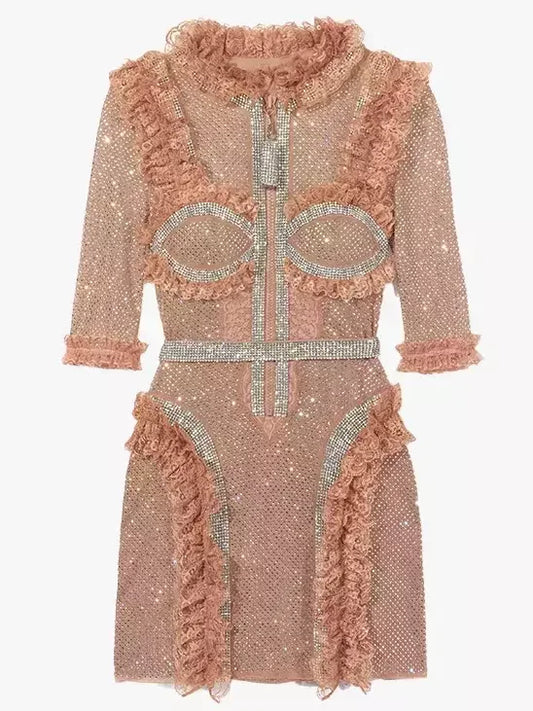 Rhinestone-Embellished Ruffled Mini Dress in Tan - Dresses