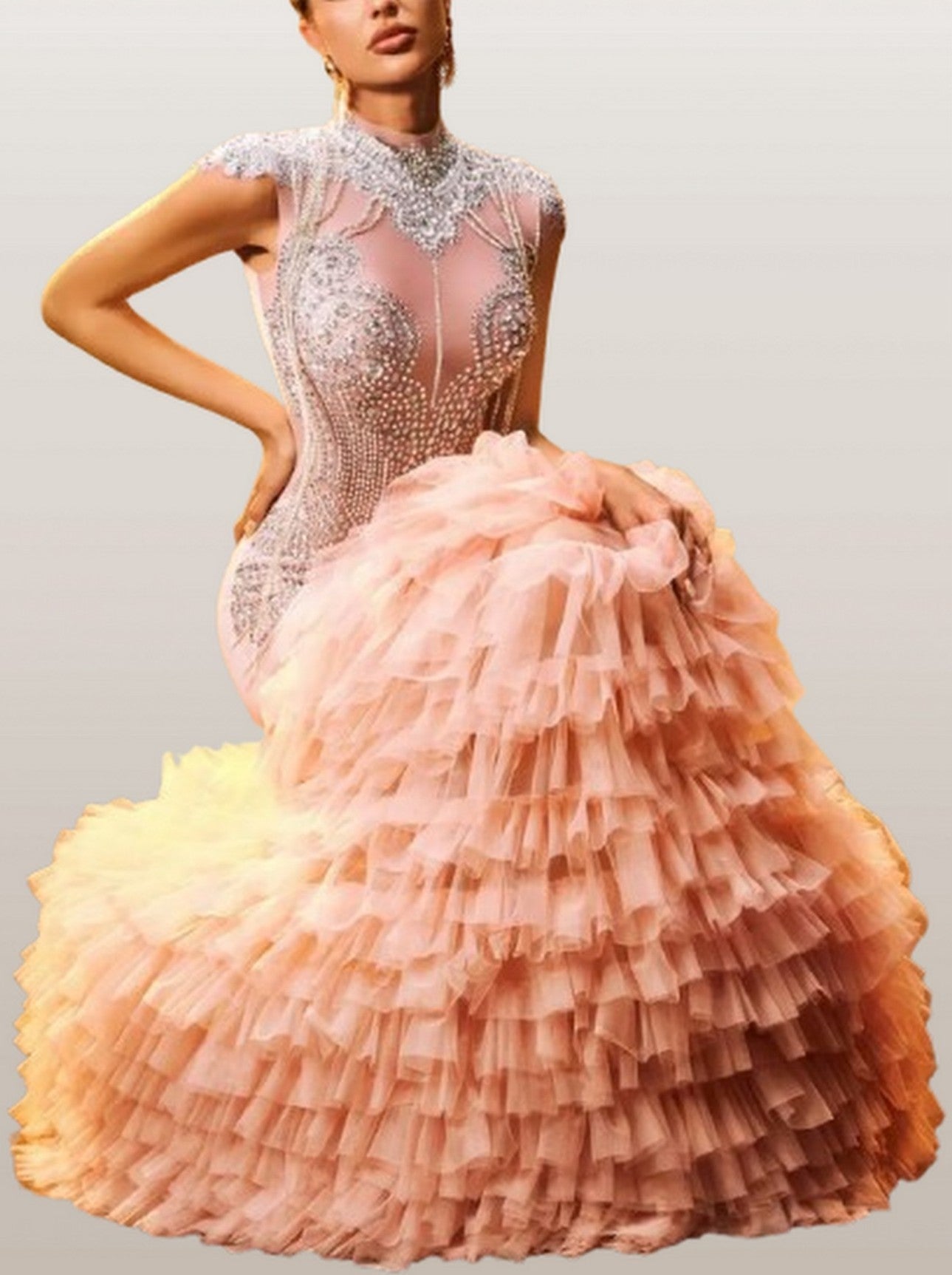 Rhinestone-Embellished Ruffled Tiered Mesh Gown - Dresses