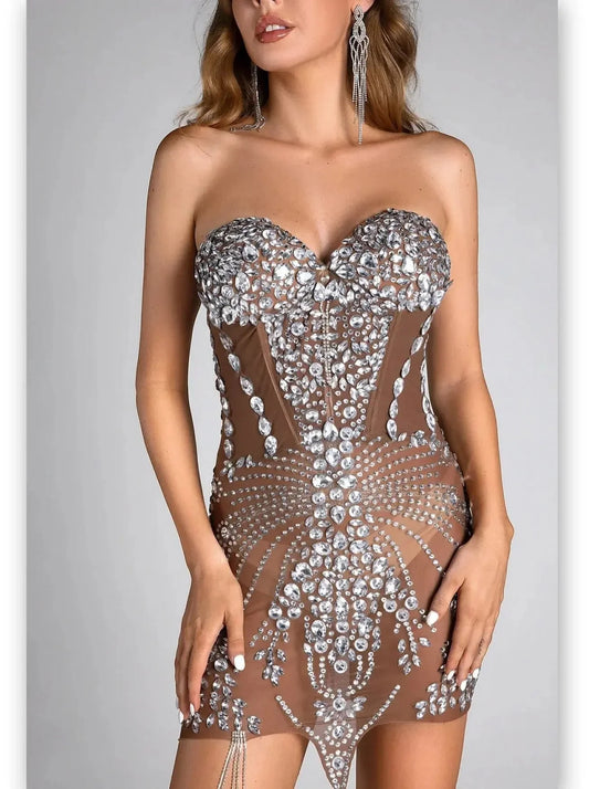 Rhinestone Embellished Sheer Mesh Mini Dress - Dresses