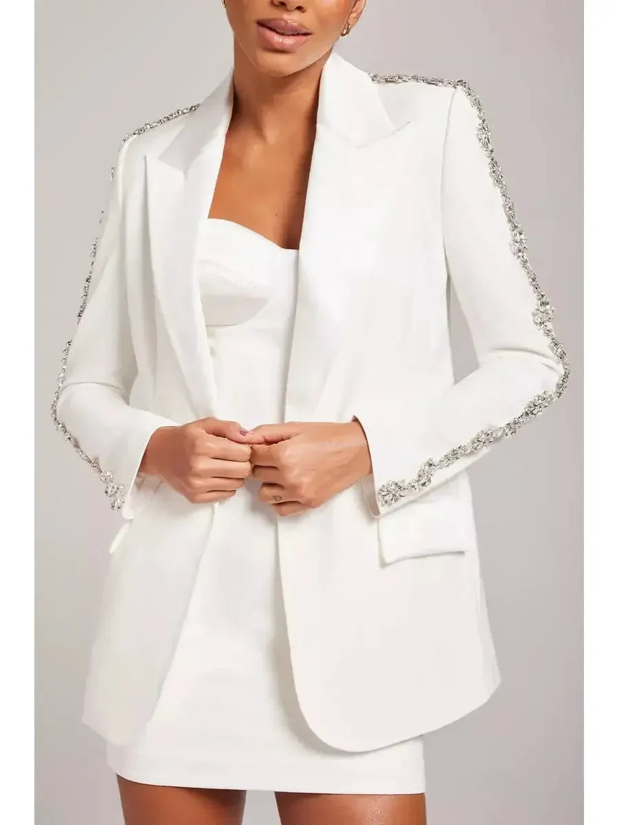 Rhinestone-Embellished Single-Breasted Blazer and Pant Suit White - Suits & Sets