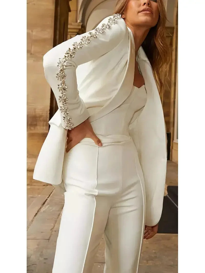 Rhinestone-Embellished Single-Breasted Blazer and Pant Suit White - Suits & Sets