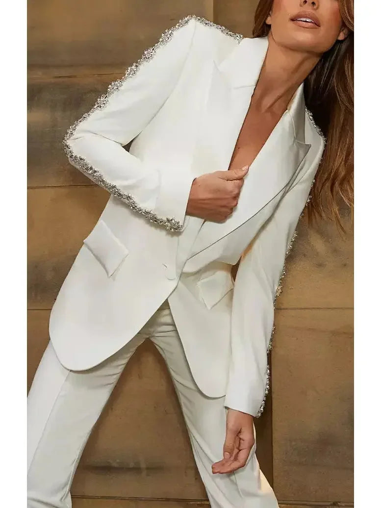 Rhinestone-Embellished Single-Breasted Blazer and Pant Suit White - Suits & Sets