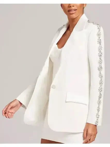 Rhinestone-Embellished Single-Breasted Blazer and Pant Suit White - Suits & Sets